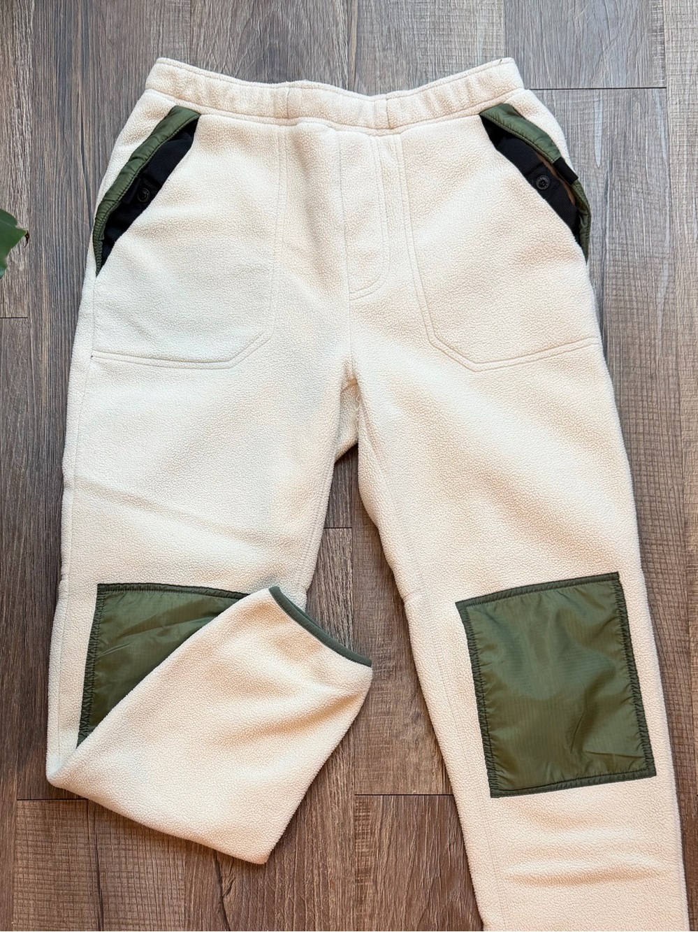 TNA Cream Fleece Joggers with Olive Green Patch Details